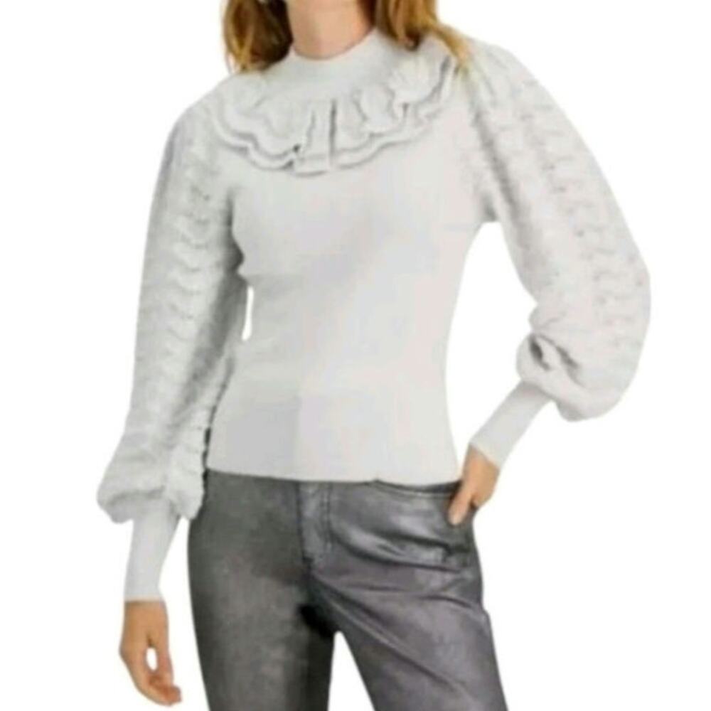 INC International Concepts Silver Metallic Ruffled Puff Sleeve Sweater XL